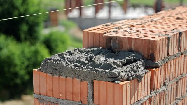 Close-Up of Mason Laying Clay Bricks with Cement Mortar, Wearing Gloves and Guiding with String Line
