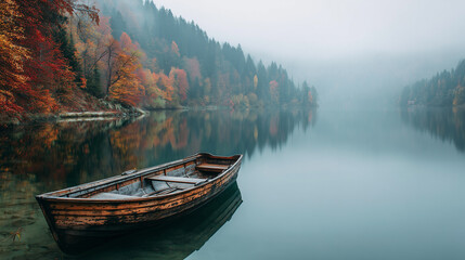 Obraz premium Wooden Boat on Misty Lake