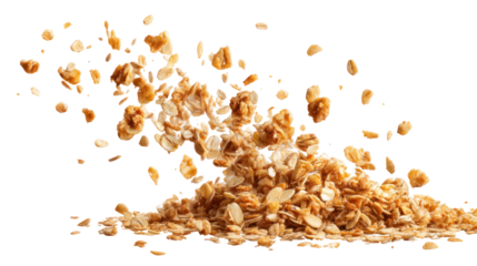Oat Granola Falling Crunchy Muesli Isolated on Transparent Background

