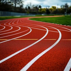 Curved Red Running Track with White Lane Markings and Green Field