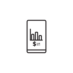 Minimal black line icon of a mobile phone displaying a bar chart and a dollar sign with arrows, symbolizing a financial or spending tracker app.