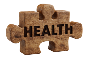 Wooden puzzle piece with the word health carved into it isolated on transparent background
