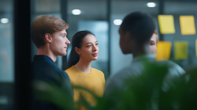A diverse group of young professionals engages in a focused discussion in a modern office, with yellow sticky notes visible on a glass partition and soft background lighting.