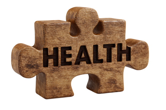 Wooden puzzle piece with the word health carved into it isolated on transparent background