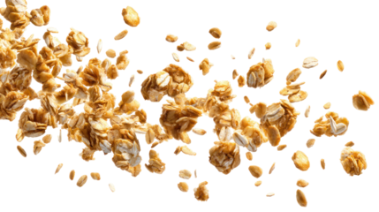 Oat Granola Falling Crunchy Muesli Isolated on Transparent Background

