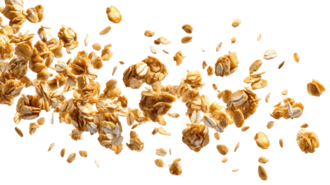 Oat Granola Falling Crunchy Muesli Isolated on Transparent Background

