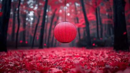 Crimson autumn forest with hanging lantern