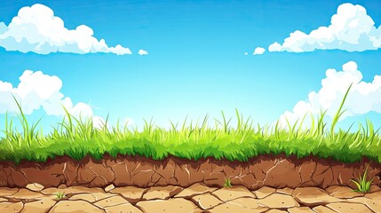 Dry cracked earth transitioning to green grass.  Clear blue sky with puffy clouds
