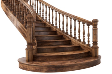 Elegant antique wooden staircase with ornate balusters and handrail isolated on transparent background