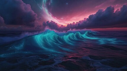 Fototapeta premium Celestial Wave: Bio luminescent Ocean Meets Cosmic Sunset
