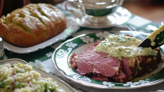 Round meat dish with sauce, surrounded by other traditional items like bread and vegetables.