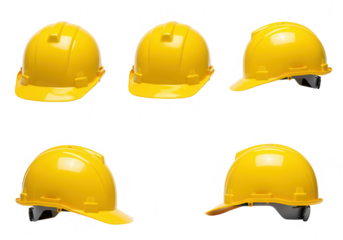 A collection of yellow hard hats are displayed against a transparent background, symbolizing safety