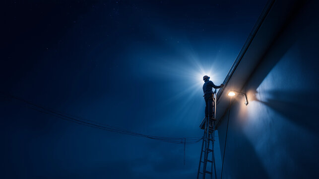 Silhouette nighttime worker ladder repairing building strong spotlight utility maintenance concept industrial safety power service technician construction electrician infrastructure dark blue ad