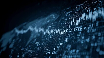 Abstract digital interface showcasing fluctuating financial data and binary code. Illuminated graphs and numbers highlight the dynamic nature of stock market analysis and data science - Powered by Adobe