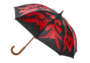 Elegant hand‑painted umbrella featuring striking red and black artwork isolated on white or transparent background. PNG format.