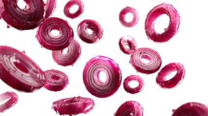 Red Onion Rings Falling – Sliced red onion rings in midair, isolated on transparent background

