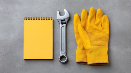 Maintenance tools arranged on textured surface with notepad, wrench, and gloves, clean area for overlay