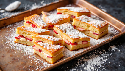 Sliced rhubarb cake with powdered sugar on a metal baking tray  