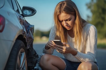 Woman in distress checks phone after car breakdown on roadside during daytime