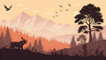 Golden sunrise and sunset illuminate diverse mountain and forest landscapes, with silhouettes of trees against the sky and reflections on water, ideal for nature-themed designs