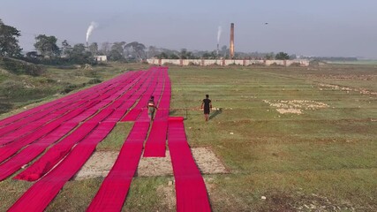 Dhaka, Bangladesh - 01 March 2025: Aerial view of textile workers in red field, Bangladesh.