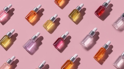 Variety of colorful cosmetic serum bottles arranged on a pink background showcasing beauty products and skincare options