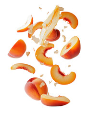 Ripe Peaches and Slices Falling and Spinning on Transparent Background

