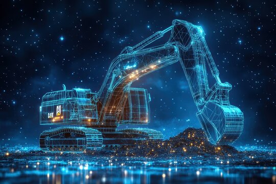 Futuristic polygonal excavator working in a digital landscape at night with glowing elements