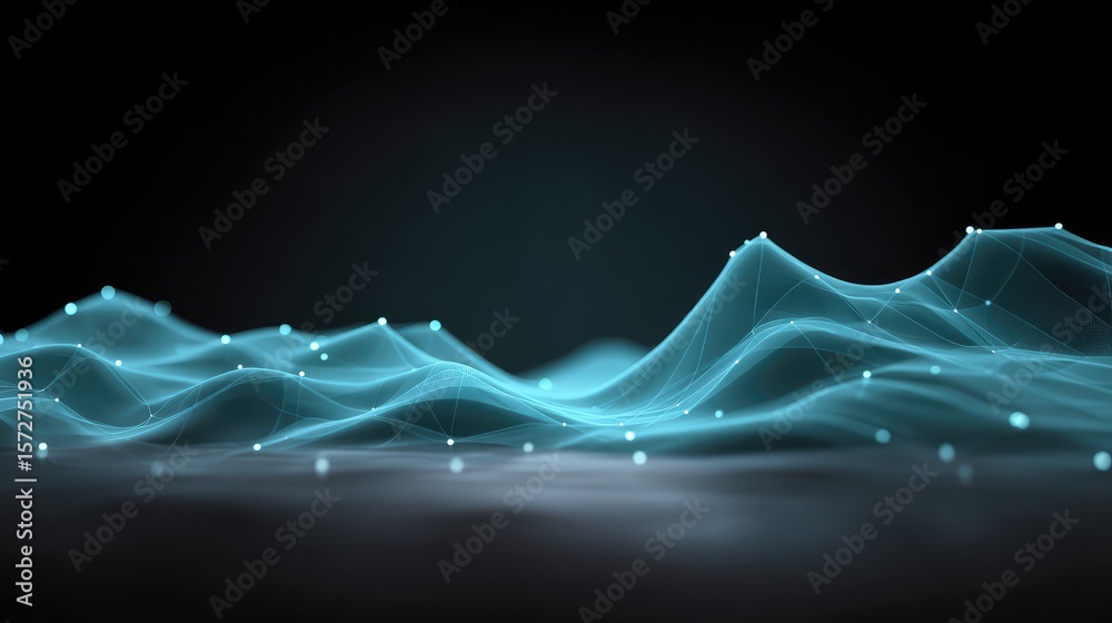 Poster modern digital wave mesh with glowing light nodes and connecting lines on a black surface, empty mid