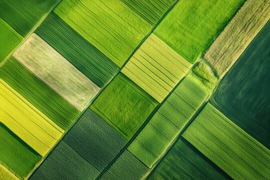 Vibrant aerial view showcasing a patchwork of green fields and agricultural land