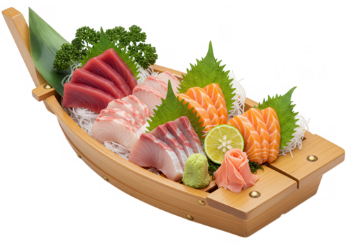A beautiful wooden boat filled with a colorful assortment of fresh and delicious sashimi isolated on transparent background