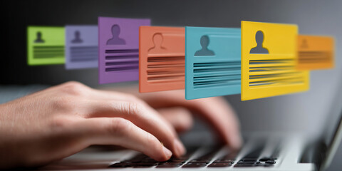 Businessman messaging team with using laptop computer. Collaboration platform. Employee communication and knowledge sharing on discussion forums in internal social network.