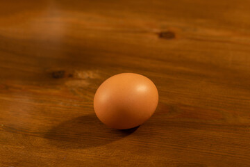 A single brown chicken egg resting on a wooden table