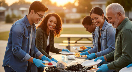 Diverse Group of Volunteers Serving Food at a Community Event, Celebrating National Night Out