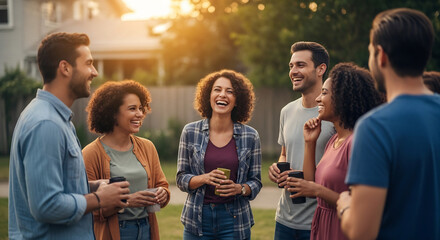 Diverse Group Enjoying National Night Out Community Gathering at Sunset
