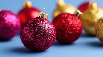 Close-up of red and gold Christmas ornaments with glitter and shiny finishes on a festive background.