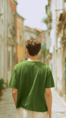 Young man walking through a narrow street lined with colorful buildings and greenery in the background