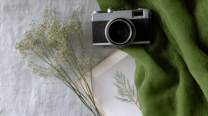 Vintage camera on green fabric with dried flowers and art print creating a cozy atmosphere