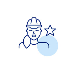 Smiling woman in hard hat and star. Acclaimed worker, premium engineering service. Pixel perfect, editable stroke vector icon