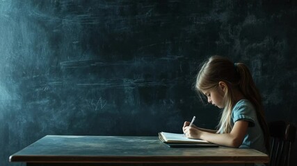Young female pupil diligently writing in her notebook at a school desk, against the backdrop of a large, dark blackboard, focused on her studies in a quiet classroom environment