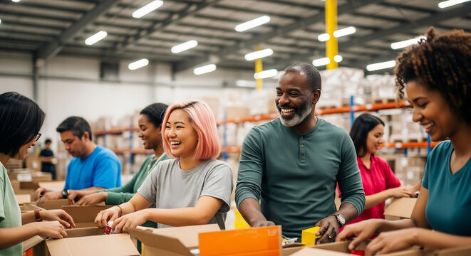 Diverse Volunteers Packing Boxes in Warehouse for World Humanitarian Day