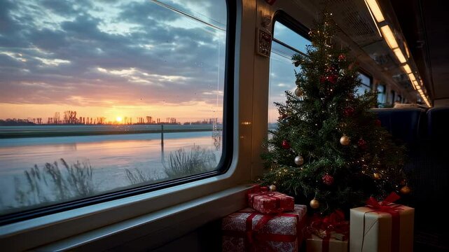 Christmas tree with fairy lights and gifts is standing on a train during a scenic winter sunset journey, creating a cozy and festive atmosphere for holiday travel