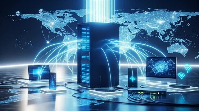 Digital server connected to various devices, showcasing global network communication.