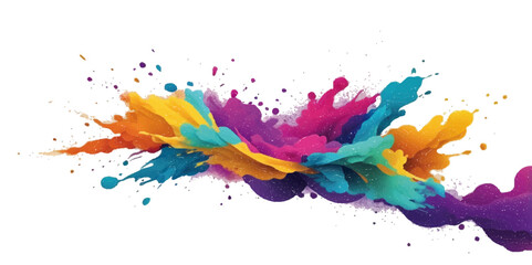 Colorful paint and ink splashes create vibrant, artistic designs with a splatter effect on a white background