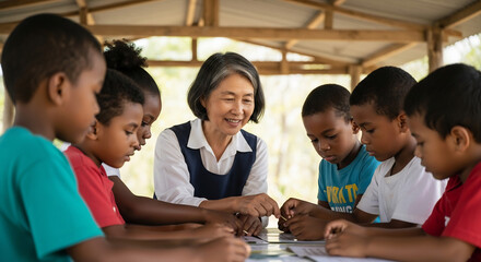World Humanitarian Day: Dedicated Teacher Helping Diverse Group of Students Learn Outdoors
