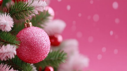 Pink Christmas ornament hanging on green pine tree branches with blurred festive lights in the background.