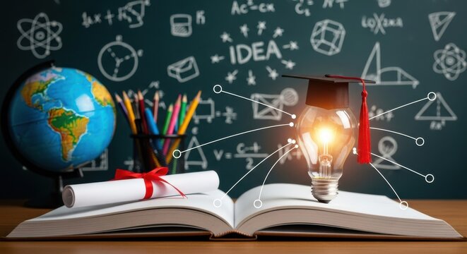 Education and innovation symbolized by a graduation cap lightbulb on an open book