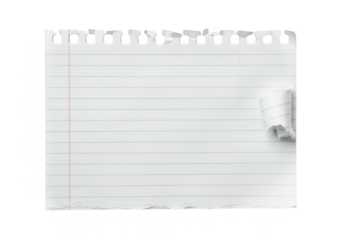 Torn sheet of lined notebook paper with a curled edge isolated on a transparent background, ready for notes