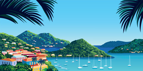 Tropical Island cityscape with caribbean small town, palms, green trees, yachts and blue sea in the background. Handmade drawing vector illustration.