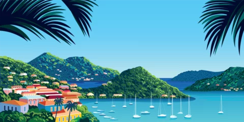 Tropical Island cityscape with caribbean small town, palms, green trees, yachts and blue sea in the background. Handmade drawing vector illustration. © alaver